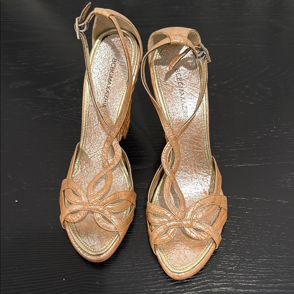 BCBGMaxAzria Tan Strappy Heels with Floral Detail
